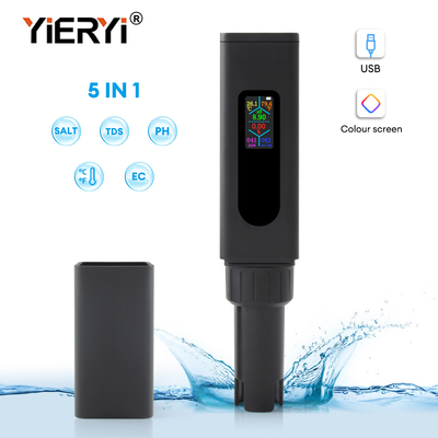 Nieuwe USB Oplaadbare 5-in-1 Waterkwaliteitsmeter – Kleurenscherm TDS, Zout, EC, pH, Temperatuur Tester