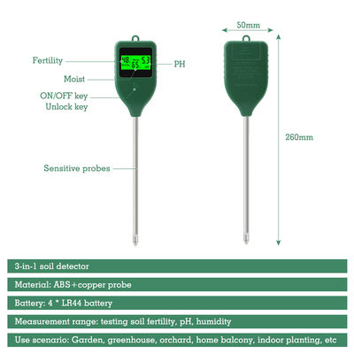 Drie in één bodemdetector, pH-zuurgraadmeter, bodemvochtmeter, vruchtbaarheidsmeter voor bloemen en potplanten