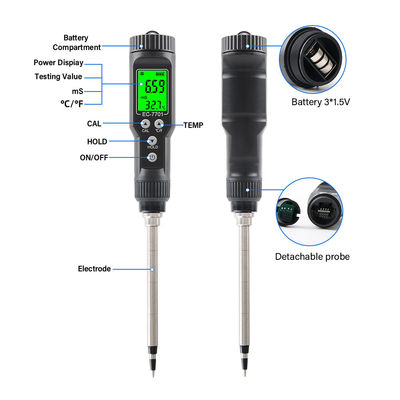 Waterdicht 2 in 1 bodem tester EC (0,00 - 10,00mS/cm) & Temperatuur (-30°C - 80°C) Meter voor tuinieren & boeren