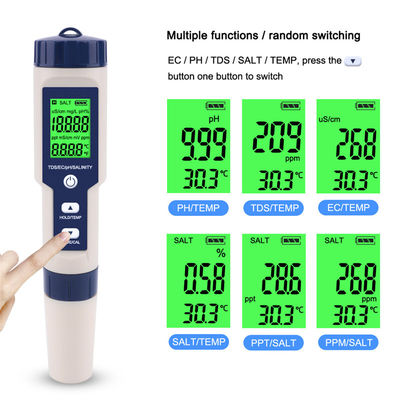 5 - in - 1 Waterkwaliteitstester - pH/TDS/EC/Zoutgehalte/Temp Meter voor Thuis, Aquarium & Laboratorium