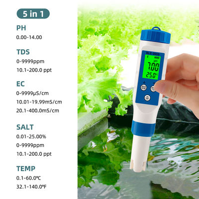 Smart 5-in-1 Bluetooth Waterkwaliteitstester - pH/TDS/EC/Zout/Temp Meter voor Thuis, Aquacultuur & Hydrocultuur
