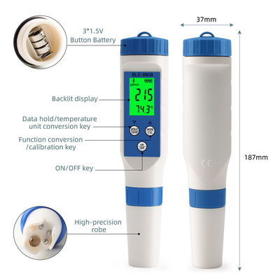 Smart 5-in-1 Bluetooth Waterkwaliteitstester - pH/TDS/EC/Zout/Temp Meter voor Thuis, Aquacultuur & Hydrocultuur