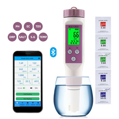 Smart 7-in-1 Bluetooth-waterkwaliteitstester - pH/EC/TDS/ORP/Zout/S.G/Tempmeter voor thuis, laboratorium en aquacultuur