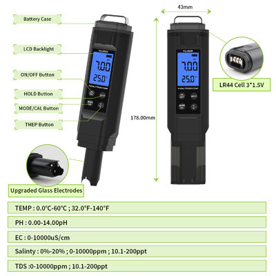 Professionele 5-in-1 watertester pH / Zout / TDS / EC / Temp meter voor aquarium, zwembad, thuis