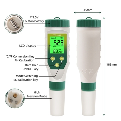 5-in-1 Multi-parameter PH-meter met achtergrondverlichting voor laboratorium & aquarium PH, TDS, zoutgehalte, EC, temperatuurtester