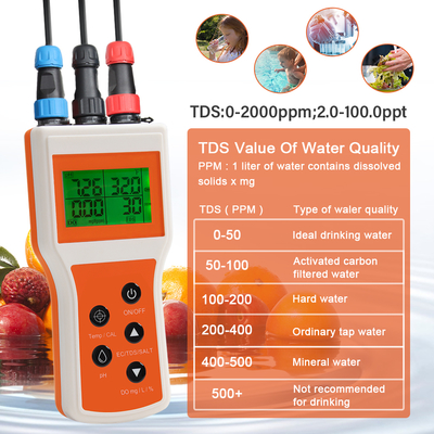 Slimme handheld 6-in-1 opgeloste zuurstof/PH/TDS/EC/SALT/TEMP waterkwaliteitsanalysator