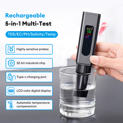 Nieuwe USB Oplaadbare 5-in-1 Waterkwaliteitsmeter – Kleurenscherm TDS, Zout, EC, pH, Temperatuur Tester