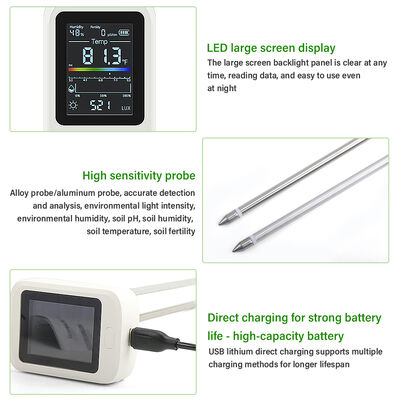 6 in 1 bodem tester met LED-scherm USB Type-C oplaadbaar en draaibare LCD-scherm voor tuinieren en landbouw