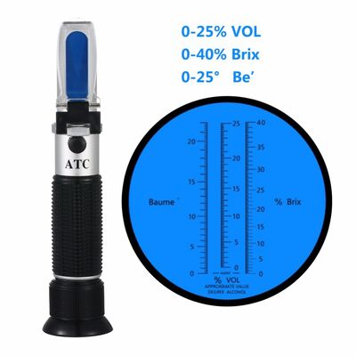 Hoge precisie handheld refractometer en alcohol tester met 0-40%Brix, 0-25%Vol en 0-22Baume meetbereiken