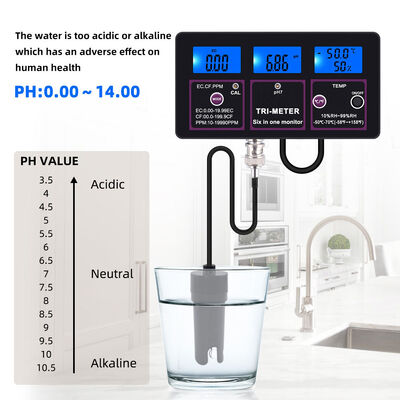 6 in 1 waterkwaliteitscontroleur met LCD-scherm en automatische temperatuurcompensatie voor PH TDS EC CF RH TEMP