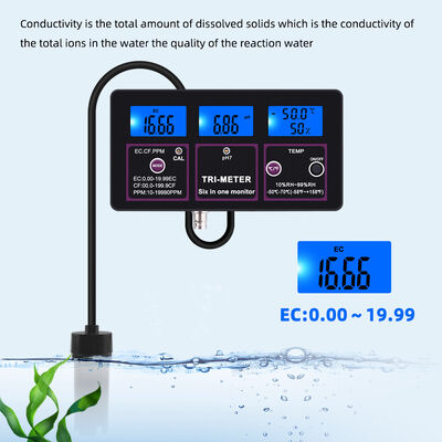 6 in 1 waterkwaliteitscontroleur met LCD-scherm en automatische temperatuurcompensatie voor PH TDS EC CF RH TEMP