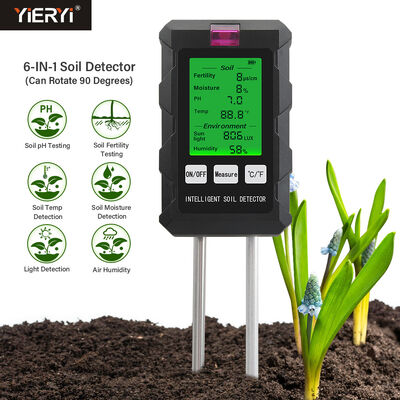 YiERYi 6-IN-1 bodemdetector 3.5-9pH/0-99% Vocht/0-3000μs/cm Vruchtbaarheid 90° Draaibaar scherm