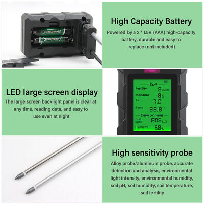 YiERYi 6-IN-1 bodemdetector 3.5-9pH/0-99% Vocht/0-3000μs/cm Vruchtbaarheid 90° Draaibaar scherm
