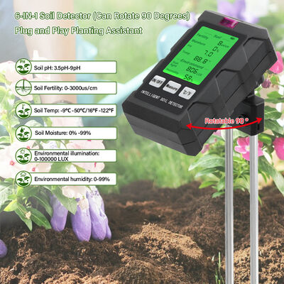 YiERYi 6-IN-1 bodemdetector 3.5-9pH/0-99% Vocht/0-3000μs/cm Vruchtbaarheid 90° Draaibaar scherm