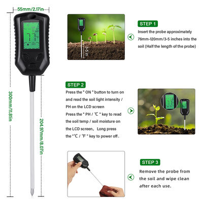 Grote LCD-gebruikersinterface 4 in 1 Bodemmeter PH Bodemmeter Vocht/Temperatuur/Zonlicht Bodemanalysetools