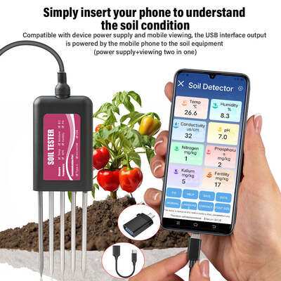 YIERYI 8-in-1 USB Bodemtester met Real-Time Monitoring pH Vocht NPK EC Temperatuur Vruchtbaarheidssensor voor Android HarmonyOS