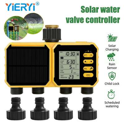 YiERYI Zonne-Water Timer 4 Uitgangen Irrigatiecontroller met Regensensor Automatisch Gepland Watersysteem met Kinderslot voor Tuin Gazon Boerderij Irrigatieklep