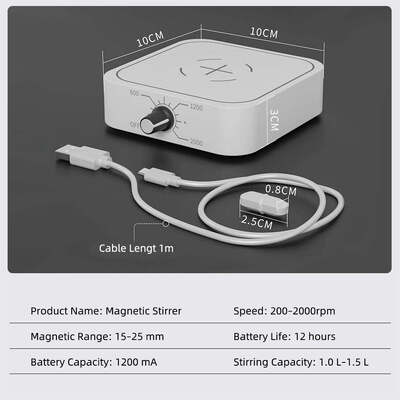 Mini-magnetische roermachine, USB-opgeladen draagbare vloeistofmixer, instelbare snelheid 200­2000 RPM, capaciteit 1,0­1,5 L, laagspanningslaboratoriummagnetische mengapparatuur