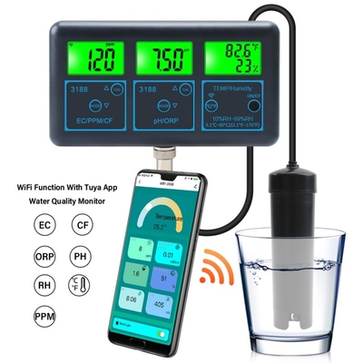 7-in-1 slimme waterkwaliteitsmonitor ¢ pH/EC/ORP/PPM/CF/TDS/temperatuur voor aquarium, hydroponics en zwembad