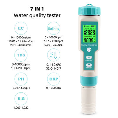 7 - in - 1 waterkwaliteitsmeter - EC/saliniteit/TDS/Temp/pH/ORP/S.G. Meter voor aquacultuur, thuis en laboratorium