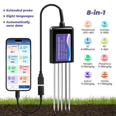 Verbeterde USB-C-aangesloten bodemtester met EC-temperatuur-vochtigheid, PH-vrugbaarheid en N-P-K-gegevensopslagfunctie
